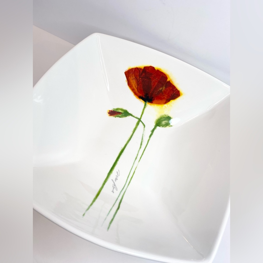 Skye McGhie Watercolors 2006 Square Ceramic Bowl Floral Large Serving Dish